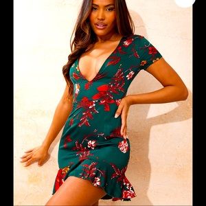 Emerald Green Criss Cross Back Frill Hem Bodycon Dress